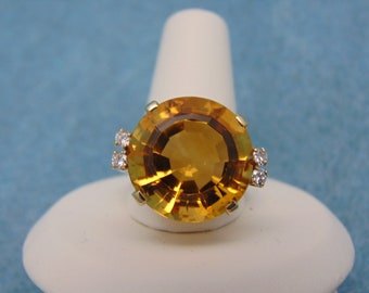 Anel em ouro amarelo 14K com citrino e diamante - 12 quilates, tamanho 8,25