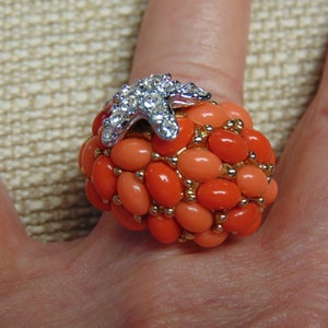 Kenneth Jay Lane Neptune Starfish Size 6-Ladies KJL Coral Crystal Starfish Ring-Preloved Vintage KJL Tropical Ring-Rings For Beach Vacations