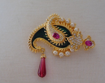 Kenneth Jay Lane Paisley Brooch: Vintage KJL Rhinestone Crystal Pin