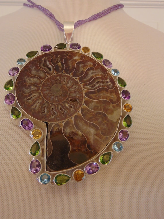 925 Silver Necklace with Ammonite Fossil and Amet… - image 1