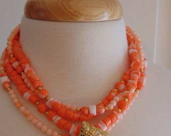 コーラルビーズ ネックレス KJL コーラルビーズネックレス＆ゴールド貝殻イヤリング：アンダーシー