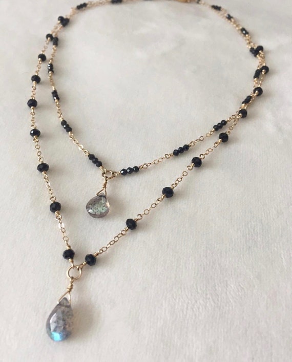 50.00 Cts Natural Labradorite /& Black Spinel Faceted Beads Necklace NK 14E60