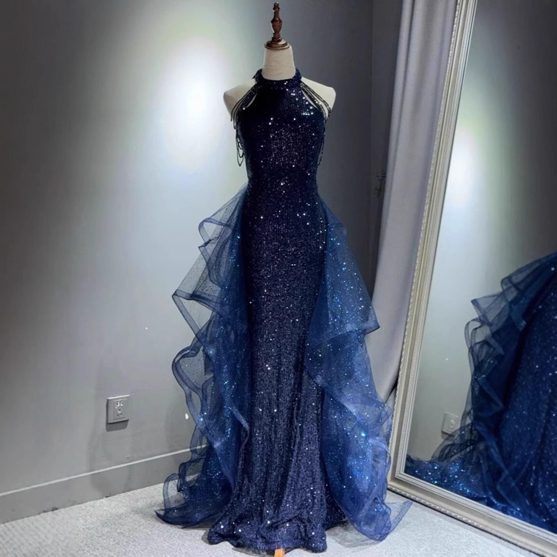 Prom Galaxy Light Up Dress A-line Tulle Starry Blue Long Prom