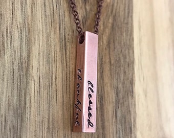 Thankful Grateful Blessed Cross Necklace Christian Jewelry Gift 4 Sided Bar Copper Hand Stamped Cursive Script Quote Saying