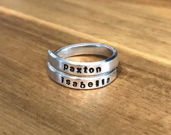Custom Personalized Wrap Ring Hand Stamped Silver Aluminum Name Ring Wife Mom Gift