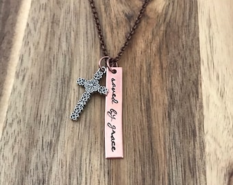 Ephesians 2:8-9 Necklace Saved By Grace Christian Jewelry Cross Baptism Gift Cursive Script Scripture Bible Verse Hand Stamped