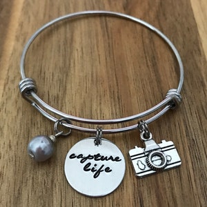 Camera Bracelet Photography Jewelry Capture Life Photographer Gift Hand Stamped Cursive Script Charm image 6