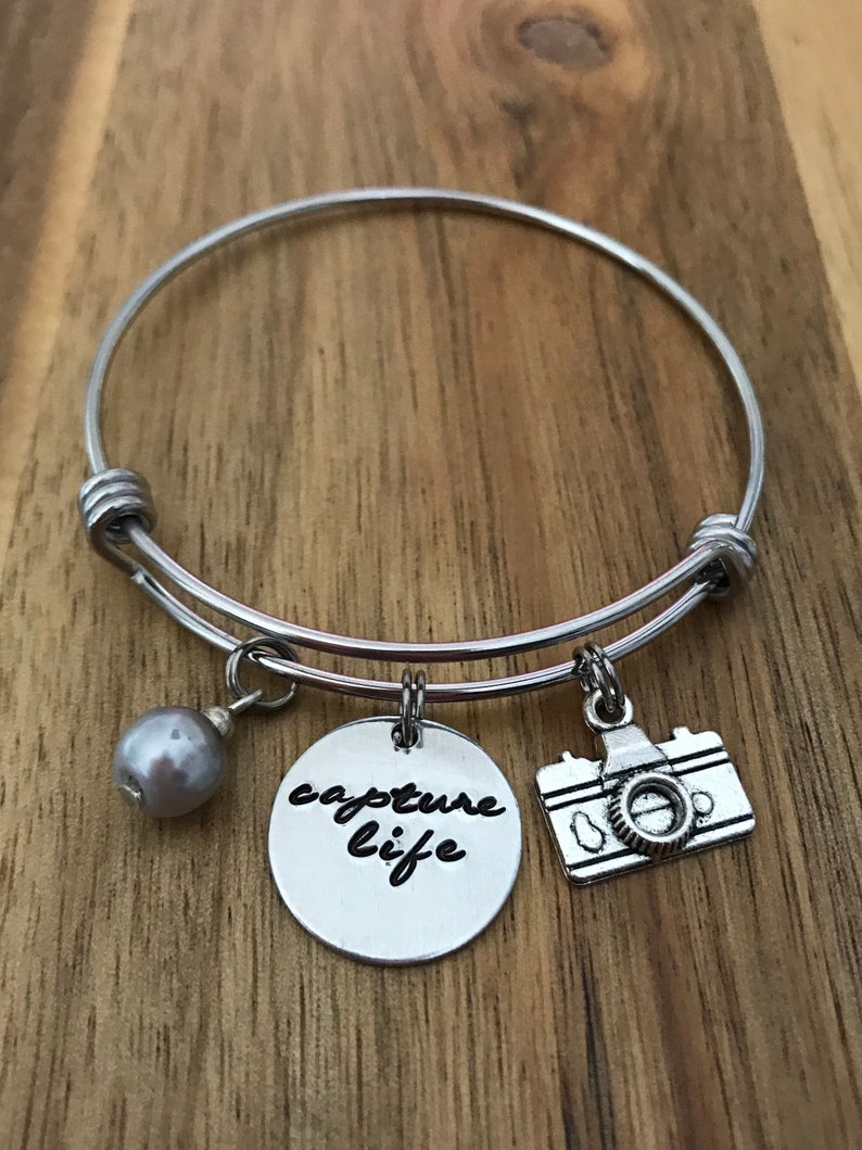 Camera Bracelet Photography Jewelry Capture Life Photographer Gift Hand Stamped Cursive Script Charm image 6