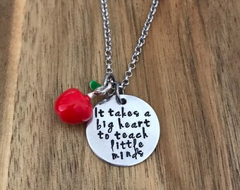 Teacher Necklace Jewelry Apple Gift Teachers plant seeds that last a lifetime Hand Stamped Metal Quote Saying