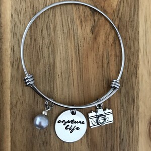 Camera Bracelet Photography Jewelry Capture Life Photographer Gift Hand Stamped Cursive Script Charm image 2