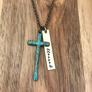 Blessed Cross Necklace Turquoise Patina Jewelry Christian Gift Cursive Script Bar Brass Antique Bronze Gold Hand Stamped Custom Personalized