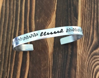 Blessed Cuff Bracelet Jewelry Silver Christian Gift Cursive Script Daily Reminder Vine Hand Stamped