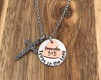 Proverbs 3:5 Necklace Jewelry Gift Bible Verse Scripture Trust in the Lord Cross Christian Hand Stamped Layered Heart