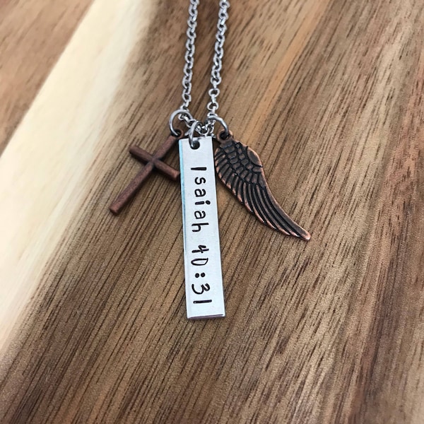 Isaiah 40:31 Necklace Gift Jewelry Cross Wings Bar Bible Verse Christian Scripture God Hand Stamped Mixed Metal Copper Custom