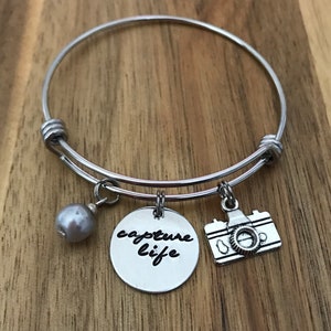 Camera Bracelet Photography Jewelry Capture Life Photographer Gift Hand Stamped Cursive Script Charm image 5