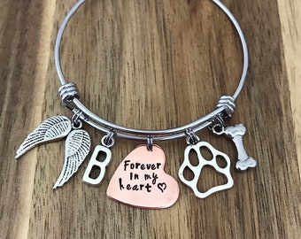 Dog Memorial Bracelet Initial Jewelry Forever In My Heart Gift Angel Wings Pawprint Bone Fur Baby Rainbow Bridge Keepsake Hand Stamped