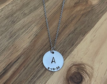 Custom Initial And Birthdate Necklace Jewelry Mom Mother Mommy New Mom Grandma Gift Hand Stamped