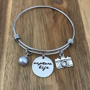 Camera Bracelet Photography Jewelry Capture Life Photographer Gift Hand Stamped Cursive Script Charm image 1