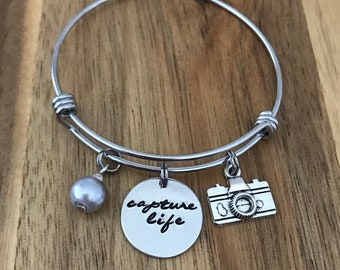 Camera Bracelet Photography Jewelry Capture Life Photographer Gift Hand Stamped Cursive Script Charm