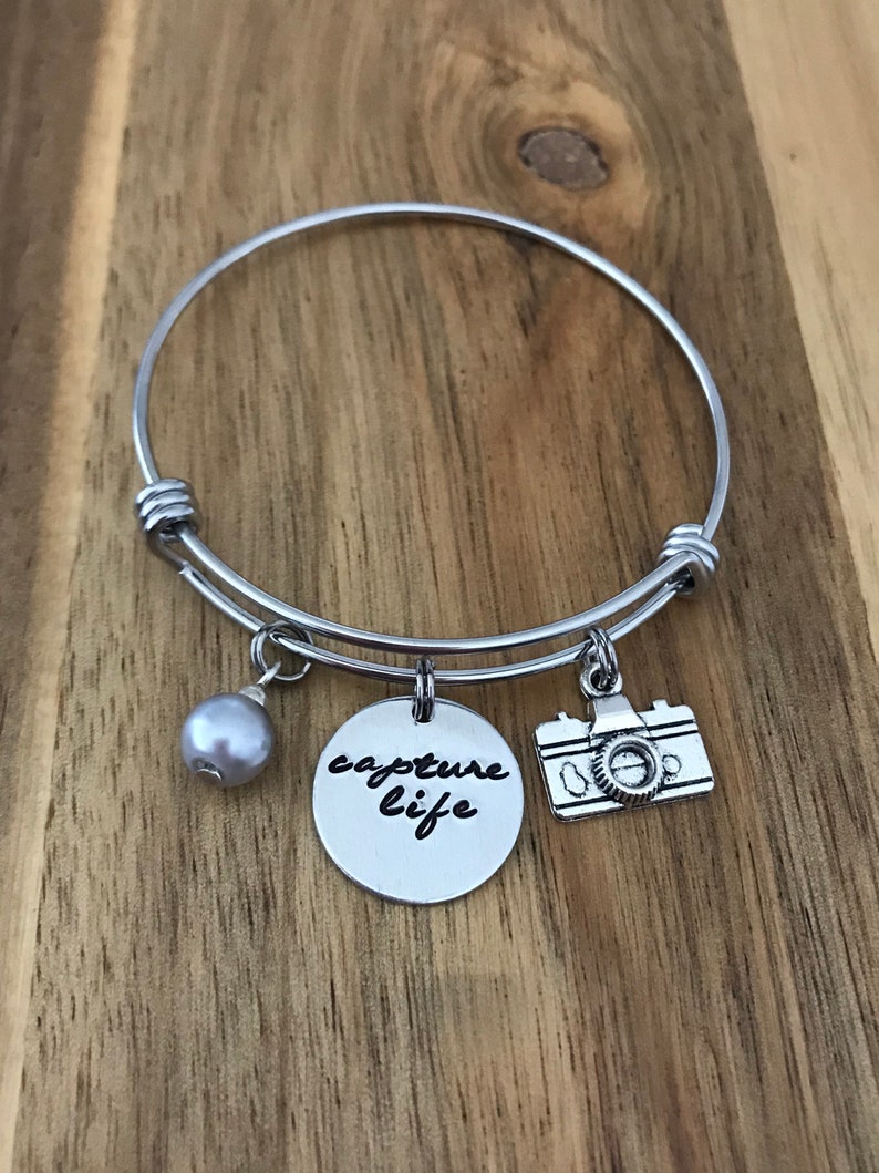 Camera Bracelet Photography Jewelry Capture Life Photographer Gift Hand Stamped Cursive Script Charm image 1