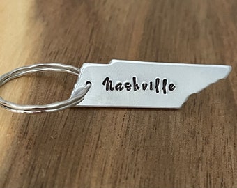 Custom Personalized Tennessee Keychain TN Gift State Nashville Shape Of TN City Town Text Hand Stamped Copper Aluminum
