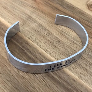 Live In The Moment Silver Cuff Bracelet Jewelry Inspirational Quote Hand Stamped image 2