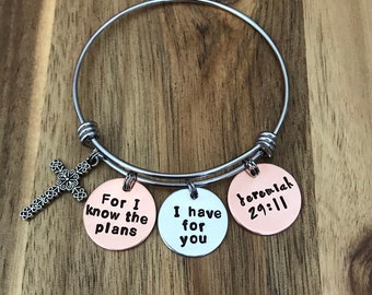 Jeremiah 29:11 Bracelet Jewelry Bible Verse Scripture Christian Gift Copper Cross Hand Stamped For I Know The Plans I Have For You