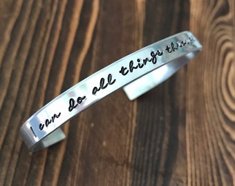 I Can Do All Things Through Christ Bracelet Philippians 4:13 Jewelry Christian Cuff Gift Silver Cursive Script Bible Verse Hand Stamped