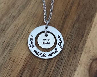 Arrow Necklace Jewelry Stay Wild And Free Gift Cursive Script Quote Silver Open Circle Double Circle Stamped