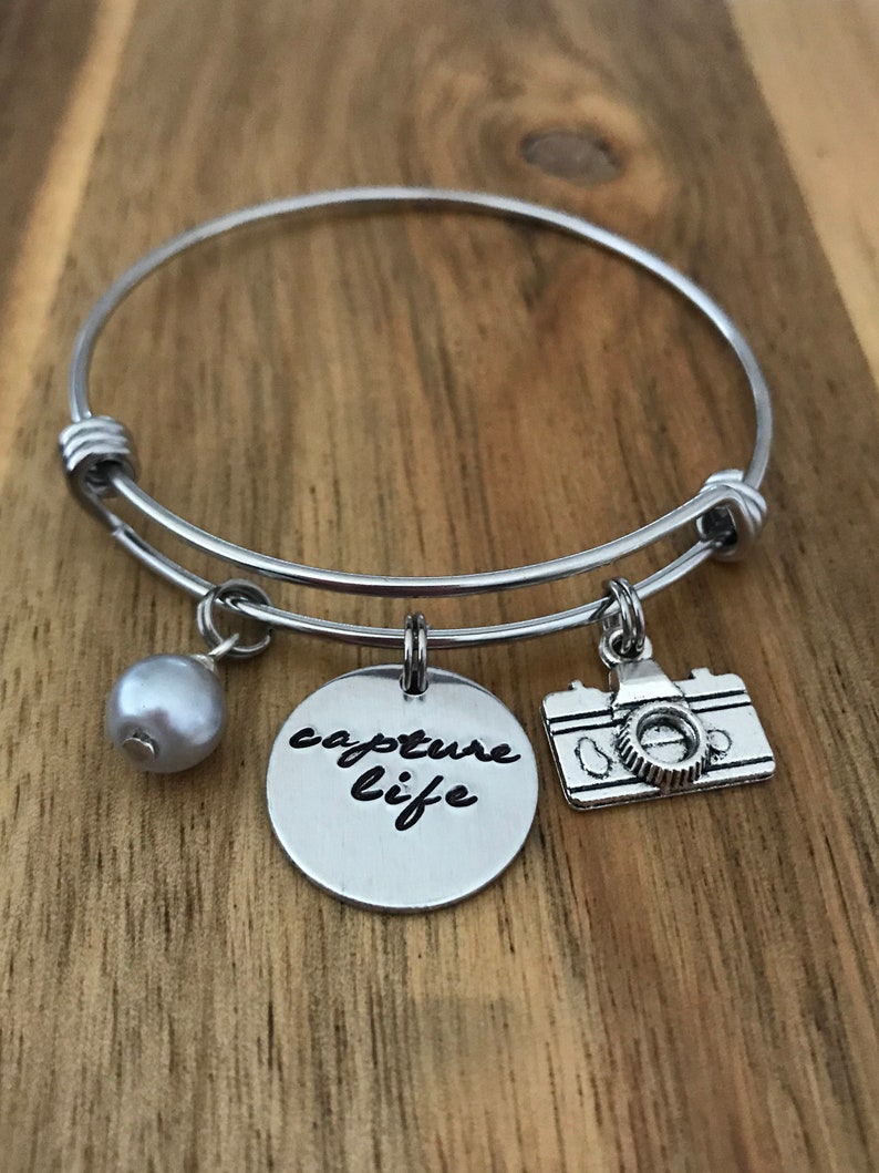 Camera Bracelet Photography Jewelry Capture Life Photographer Gift Hand Stamped Cursive Script Charm image 4