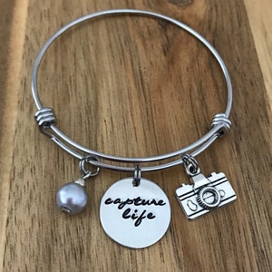 Camera Bracelet Photography Jewelry Capture Life Photographer Gift Hand Stamped Cursive Script Charm image 8