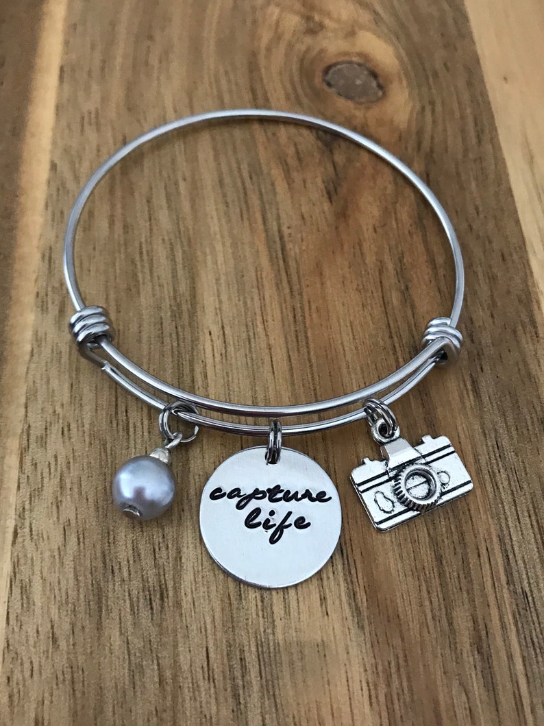 Camera Bracelet Photography Jewelry Capture Life Photographer Gift Hand Stamped Cursive Script Charm image 8