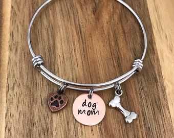 Dog Mom Bracelet Jewelry Gift Pawprint Bone Fur Baby Mom Love My Dog Hand Stamped Mixed Metal