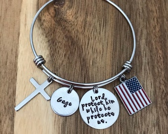 US Military Custom Personalized Lord Protect Him Her While He She Protects Us Bracelet Army Marine Air Force Navy Wife Mom Gift Hand Stamped