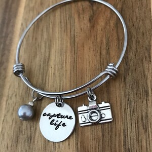 Camera Bracelet Photography Jewelry Capture Life Photographer Gift Hand Stamped Cursive Script Charm image 3