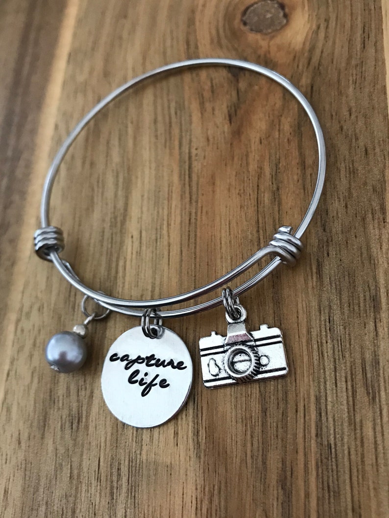 Camera Bracelet Photography Jewelry Capture Life Photographer Gift Hand Stamped Cursive Script Charm image 3