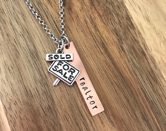 Realtor Necklace Jewelry Gift For Sale Sold Sign Home Real Estate Agent Crye-Leike Century 21 ReMax Keller Williams Hand Stamped Custom