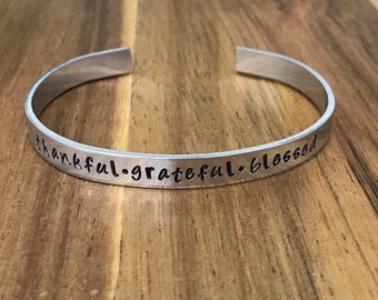 Thankful Grateful Blessed Bracelet Jewelry Silver Cuff Christian Gift Daily Reminder Inspirational Hand Stamped