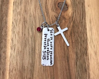 Proverbs 3:15 Necklace Jewelry She Is More Precious Than Rubies Bible Verse Scripture Christian Cross Hammered Gift Hand Stamped Custom