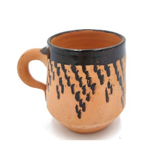 Puede incluir: Una taza de terracota con un esmalte negro y un patrón geométrico negro. La taza tiene un asa y una base redondeada.