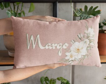 Custom Personalized Name Watercolor Rustic Blossom Rectangle Lumbar Pillow with Insert