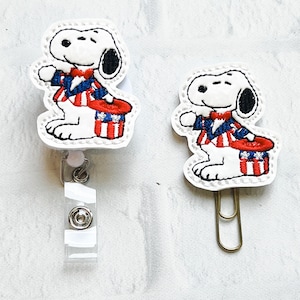 Cartoon White Beagle Badge Reel, Charlie's Dog,Nurse Teacher Lanyard Badge Reel Clip, ID Badge Reel Gift Idea,Patriotic  White Beagle Dog