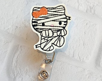 Cartoon Kitty Mummy Glow in dark Badge Reel, Halloween Nurse Teacher Lanyard Badge Reel Clip, Mummy Kitty ID Badge Reel, Kawaii Kitty