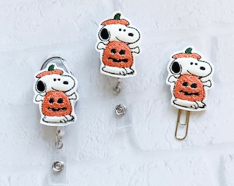 Cartoon Beagle Glow in dark Badge Reel, Charlie&#39;s Beagle Dog Nurse Teacher Lanyard Badge Reel Clip,Charlie Pumpkin Beagle ID Badge Reel Gift