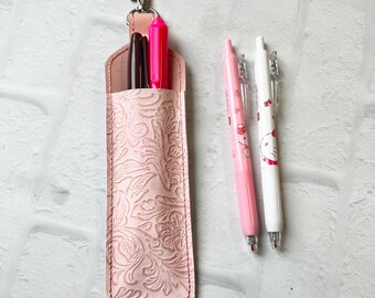 Light Pink Embossed 2 Pen Pencil Holder Keychain,Stylus Holder,Pen Pencil Keychain Case, Teacher Lanyard Gift Idea, Planner Pen Pouch