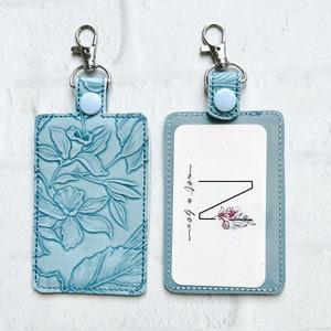 Blue Floral Embossed ID Holder, Personalized Bag Tag,Custom ID Badge Holder,Vertical ID Case,Lanyard Accessory, Teacher Gift, Gifts Under 20