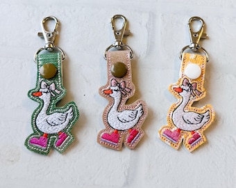Coquette Silly Goose Keychain,Goose Vegan Leather Key Fob Badge Clip, Silly Goose Gifts Under 20, Bow Goose Bag Tag, Bow Goose Key Chain