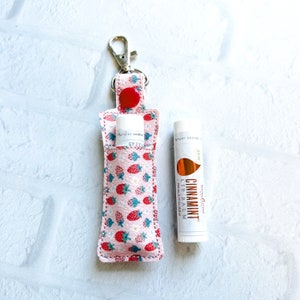 Strawberry Lip Balm Keychain, Essential Oil USB Lip Balm Case Holder, Strawberries LipBalm Gifts Under 10,Strawberry Badge Reel Clip