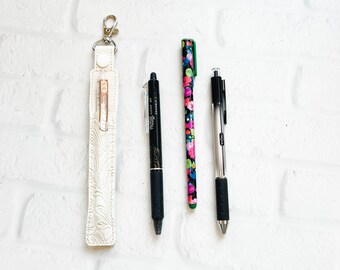 Cream Embossed Pen or Pencil Holder Keychain,Stylus Holder,Pen Pencil Keychain Case,Pen Holder,Teacher Nurse Lanyard Gift Idea, Pen Keychain