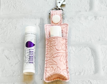 Lt Pink Embossed Vegan Leather Lip balm Holder,Lip Balm Safety Keychain, Lip Balm Case, Lip Balm Lanyard Clip, Gifts Under 20 Idea